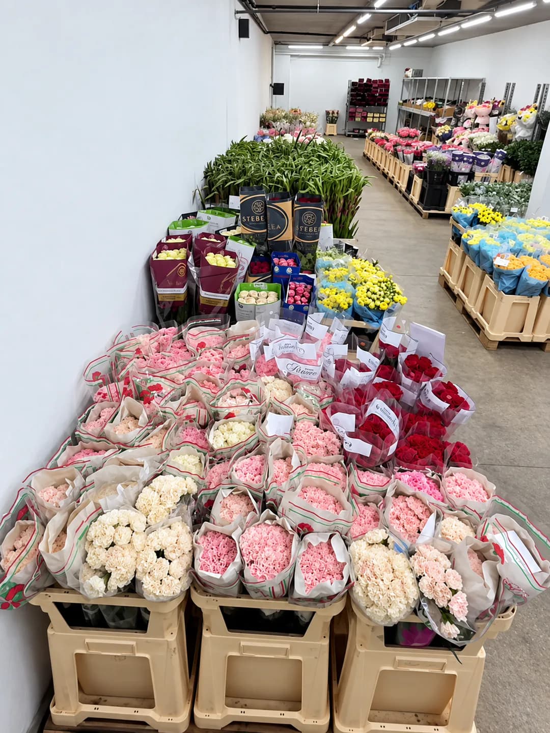 Frische Nelken, Rosen und Chrysanthemen im Großhandel in einem Lager in Kyjiw